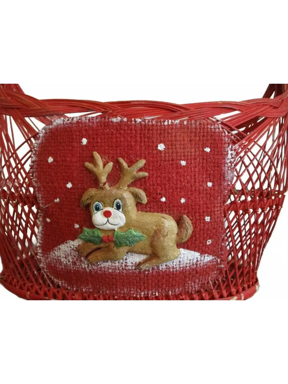 Vintage Red Wicker Basket Reindeer Christmas Holiday Decor Gift Basket